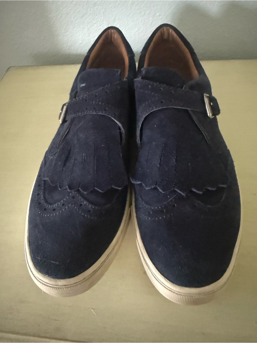 Frye Navy Suede Kiltie Loafers with Buckle Detail